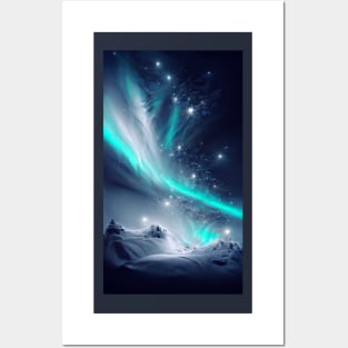 Northern lights on a snowy mountens Posters and Art